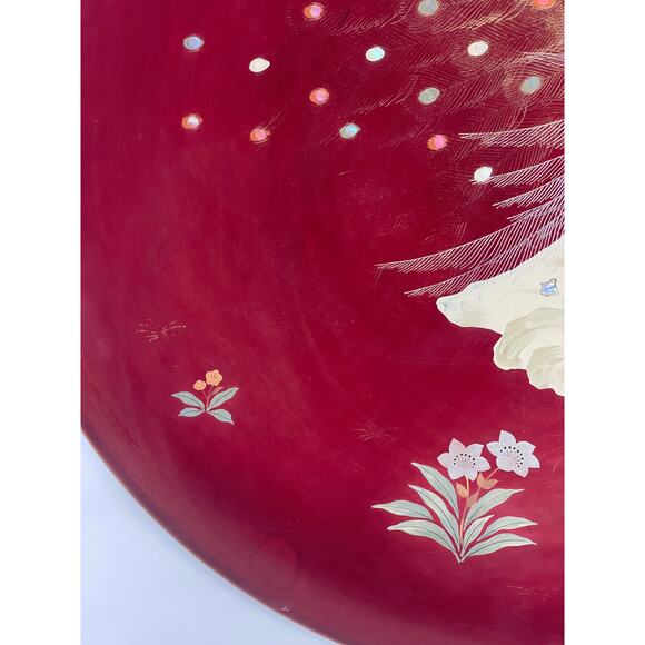 Japenese Maruni Co Lacquerware Metal Inlaid MOP Peacock Wall Charger Circa 1940s - Picture 6 of 13